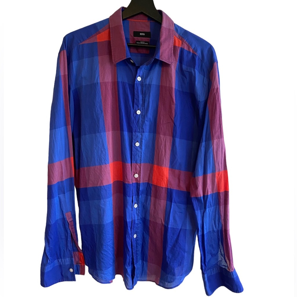 men's Hugo Boss red & blue plaid slim fit long sleeve shirt XL